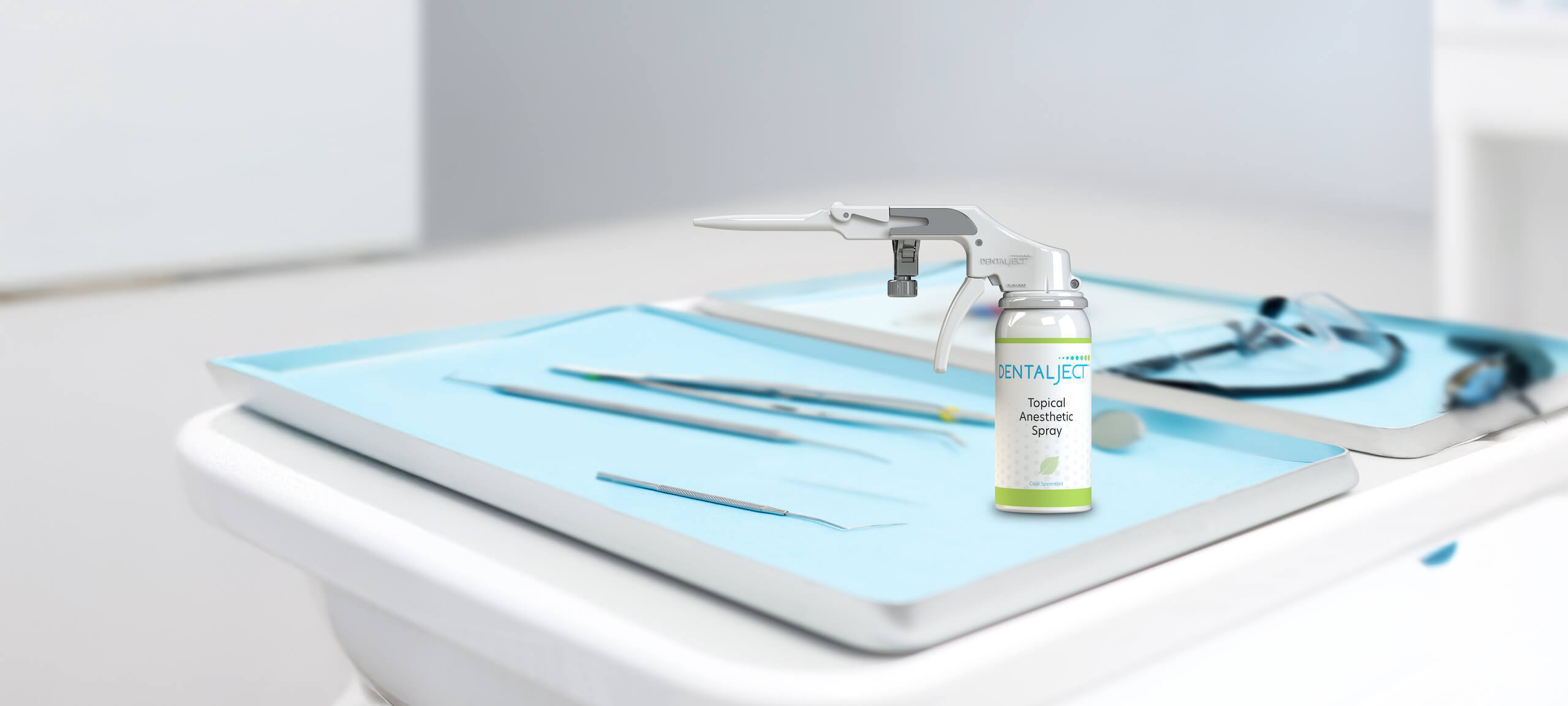 Dental ject topical anesthetic spray on tray